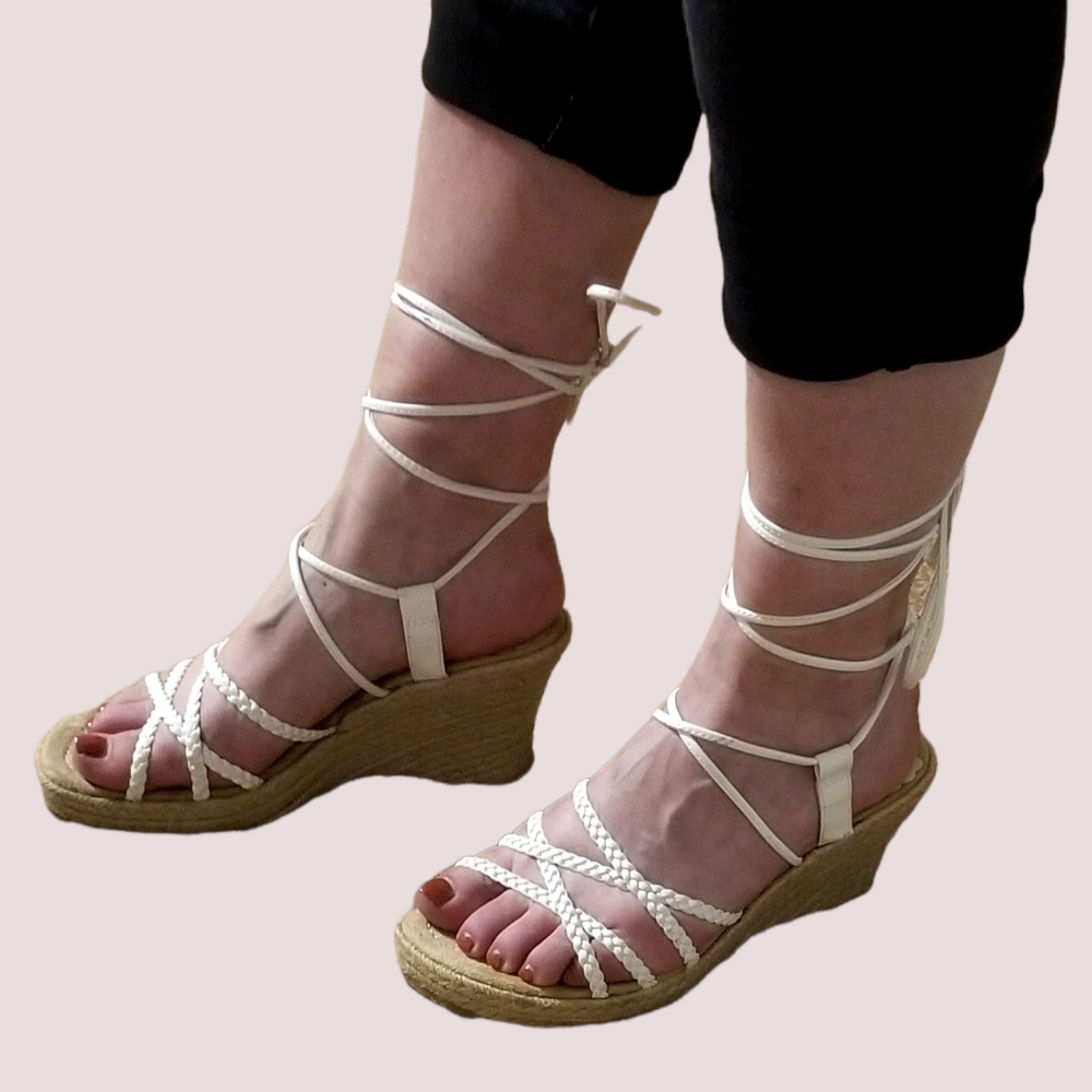 Strappy White Lace-Up Wedge Sandals